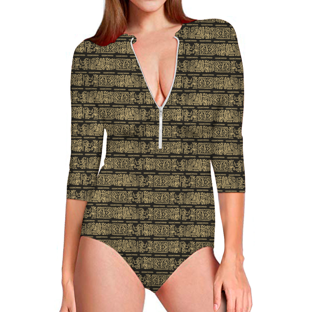 Ancient Maya Pattern Print Long Sleeve One Piece Swimsuit