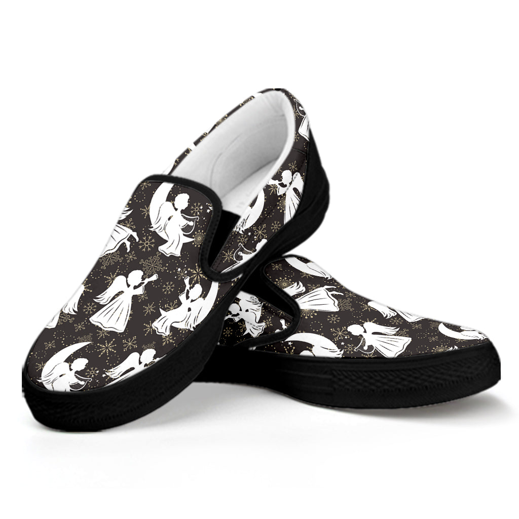 Angel And Snowflake Pattern Print Black Slip On Shoes