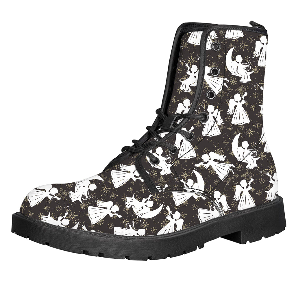 Angel And Snowflake Pattern Print Leather Boots