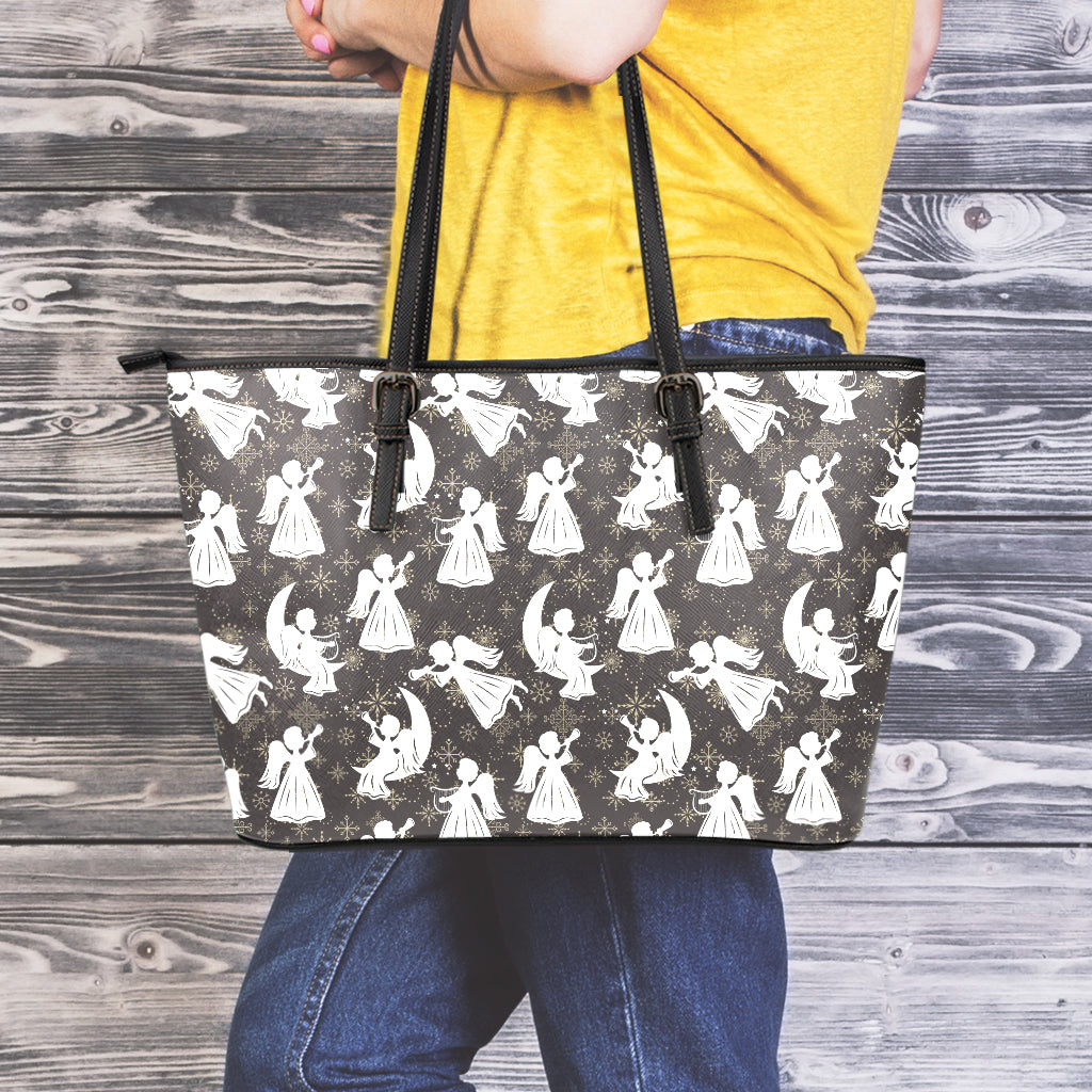 Angel And Snowflake Pattern Print Leather Tote Bag