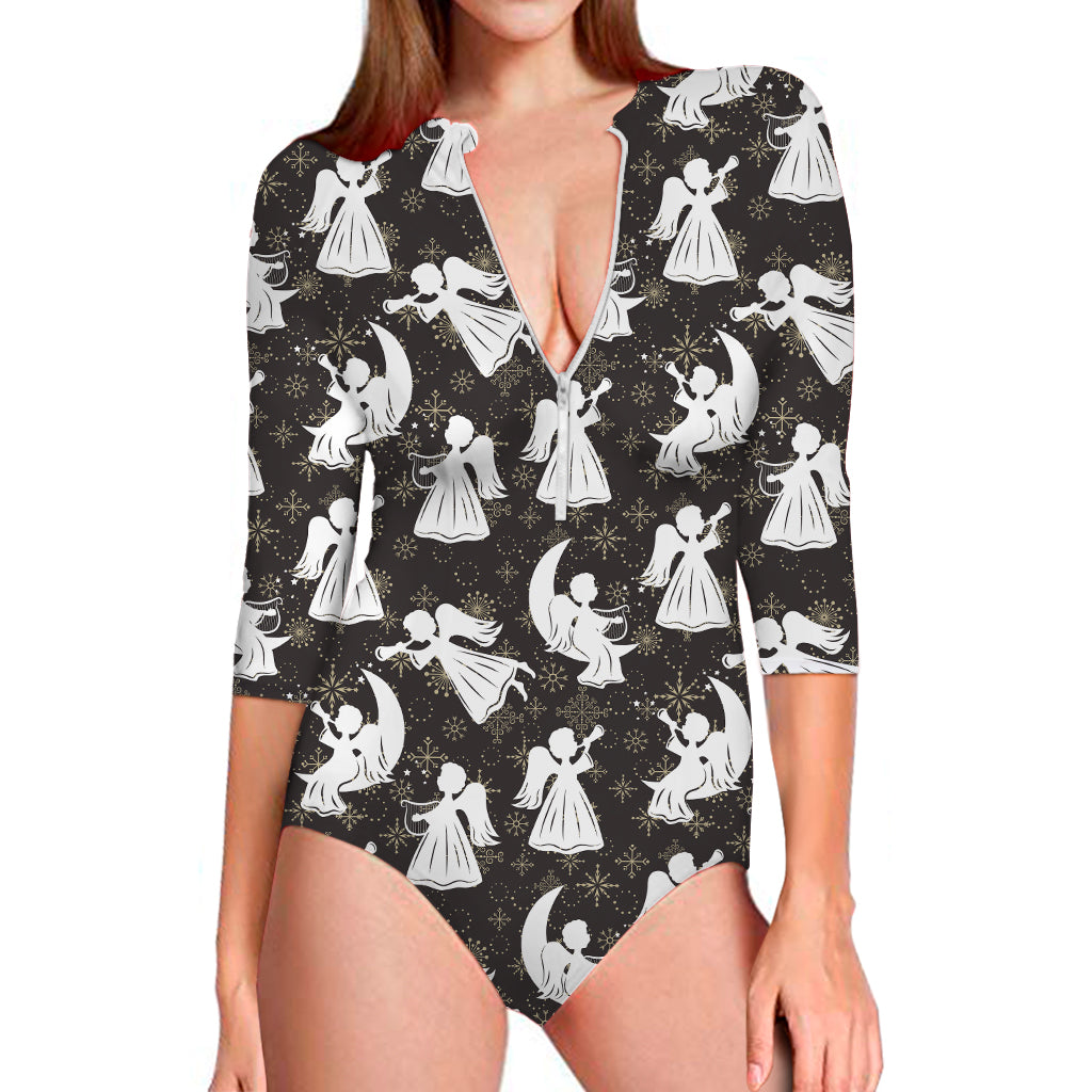 Angel And Snowflake Pattern Print Long Sleeve One Piece Swimsuit