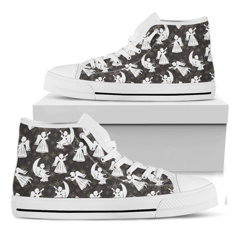 Angel And Snowflake Pattern Print White High Top Shoes