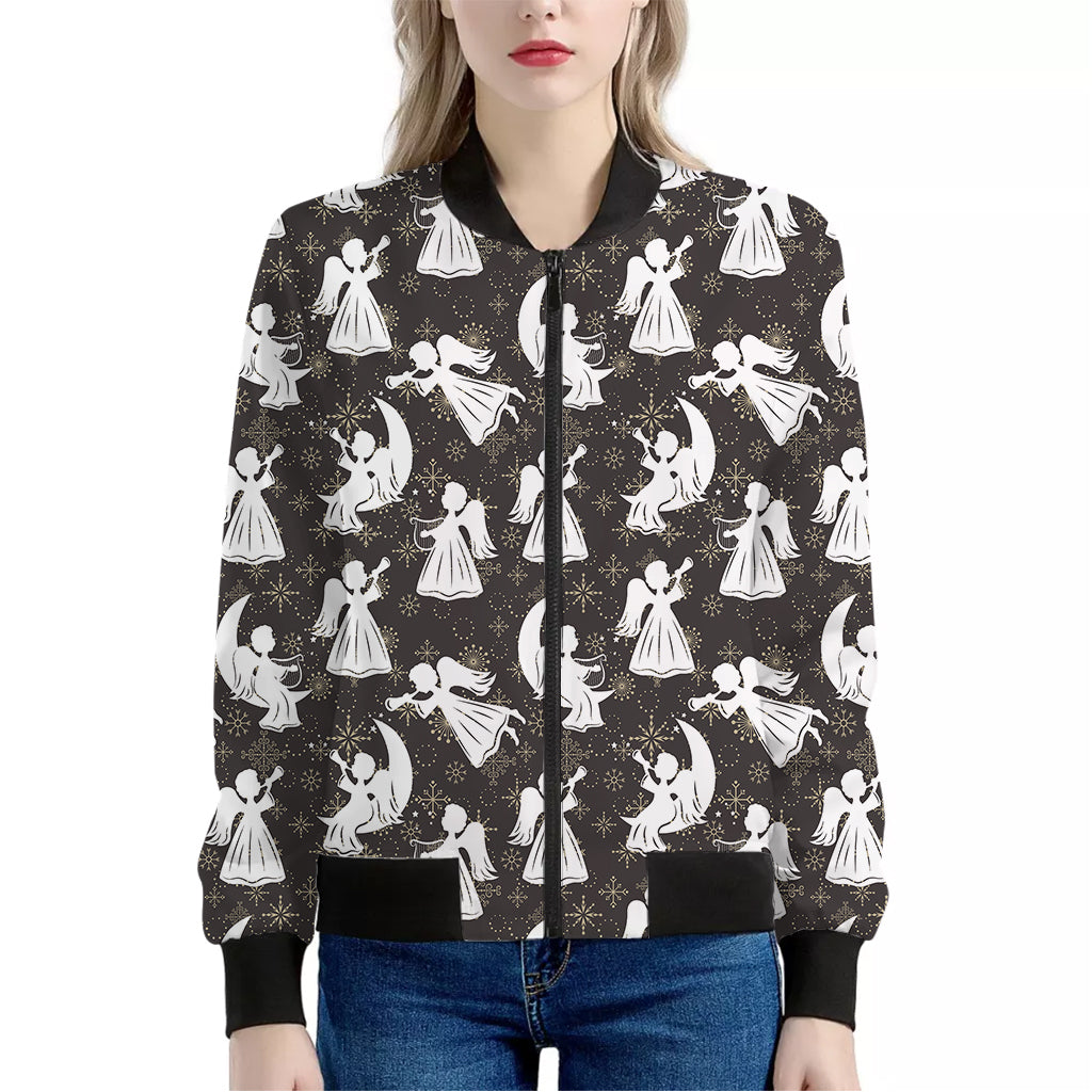 Angel And Snowflake Pattern Print Women's Bomber Jacket