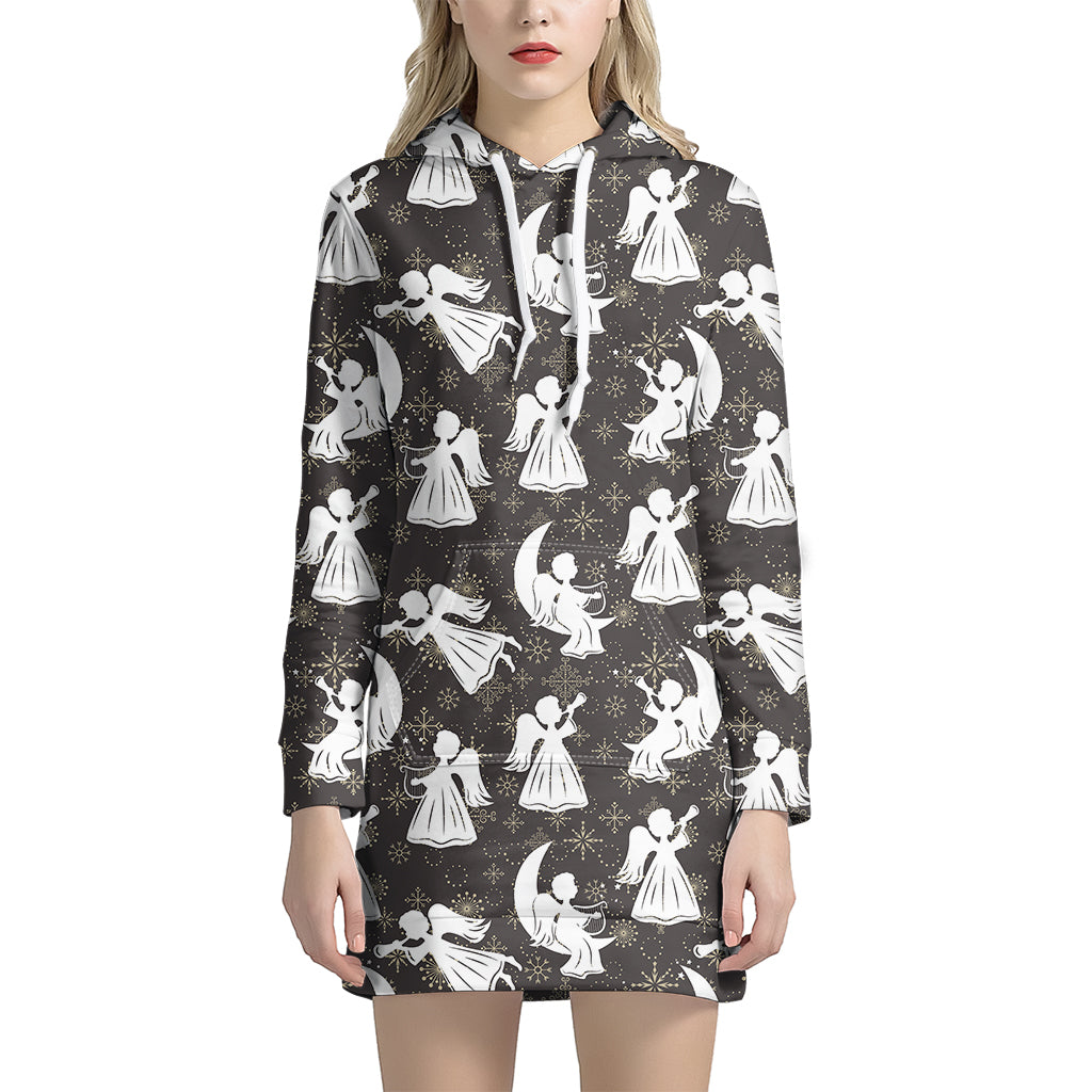 Angel And Snowflake Pattern Print Women's Pullover Hoodie Dress