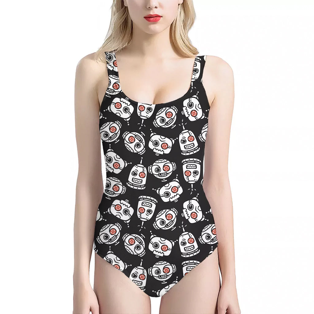 Angry Robot Pattern Print One Piece Halter Neck Swimsuit