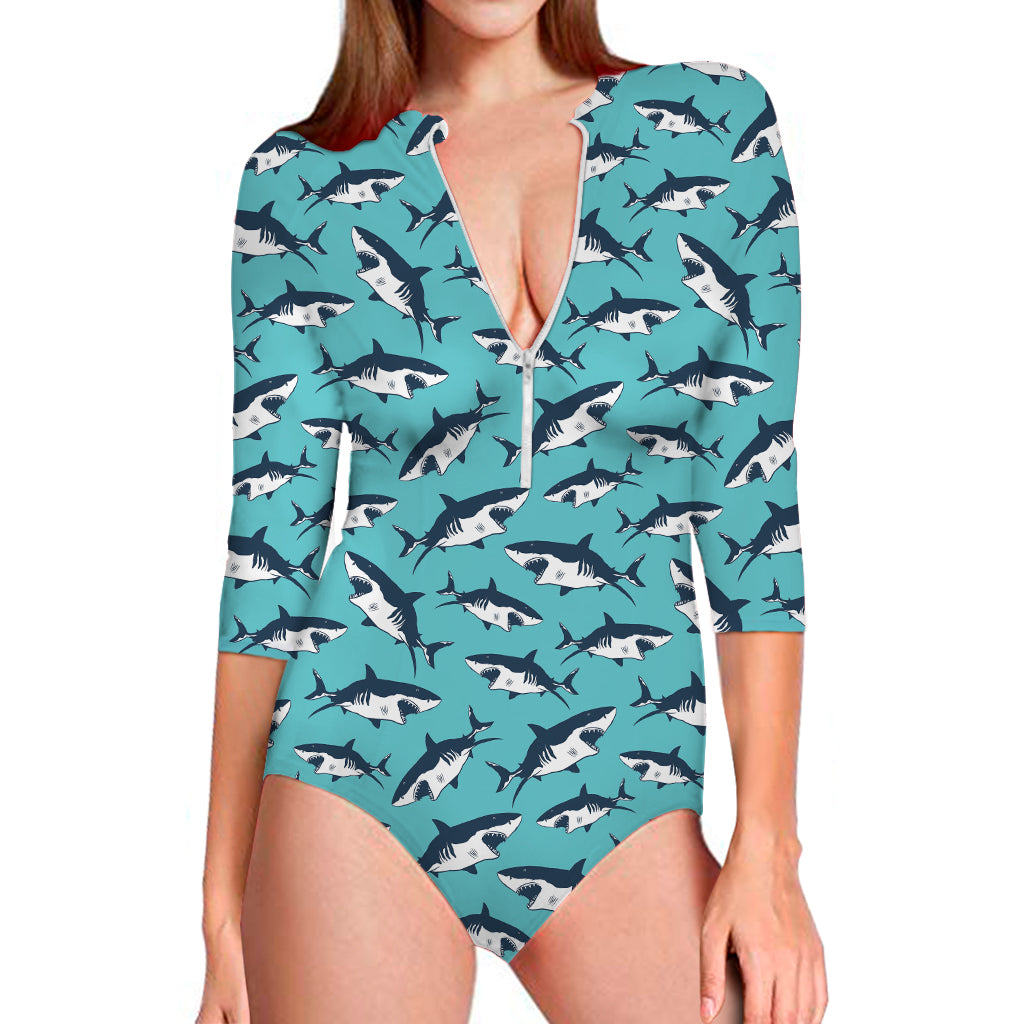 Angry Shark Pattern Print Long Sleeve One Piece Swimsuit