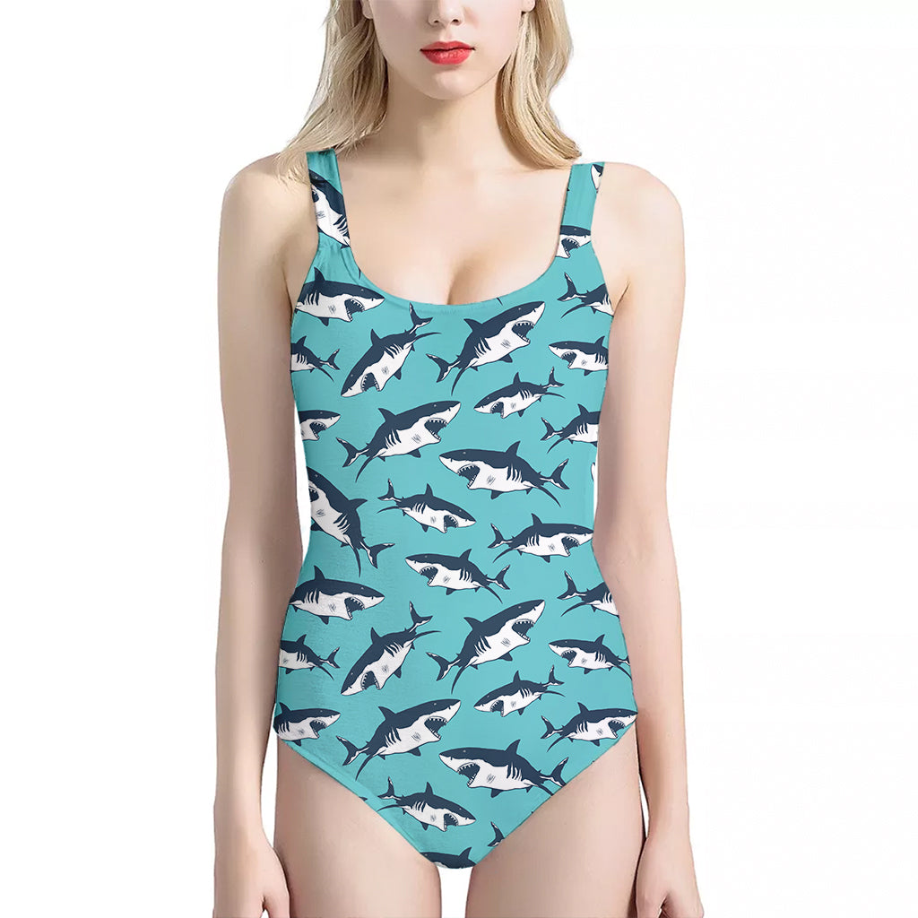 Angry Shark Pattern Print One Piece Halter Neck Swimsuit