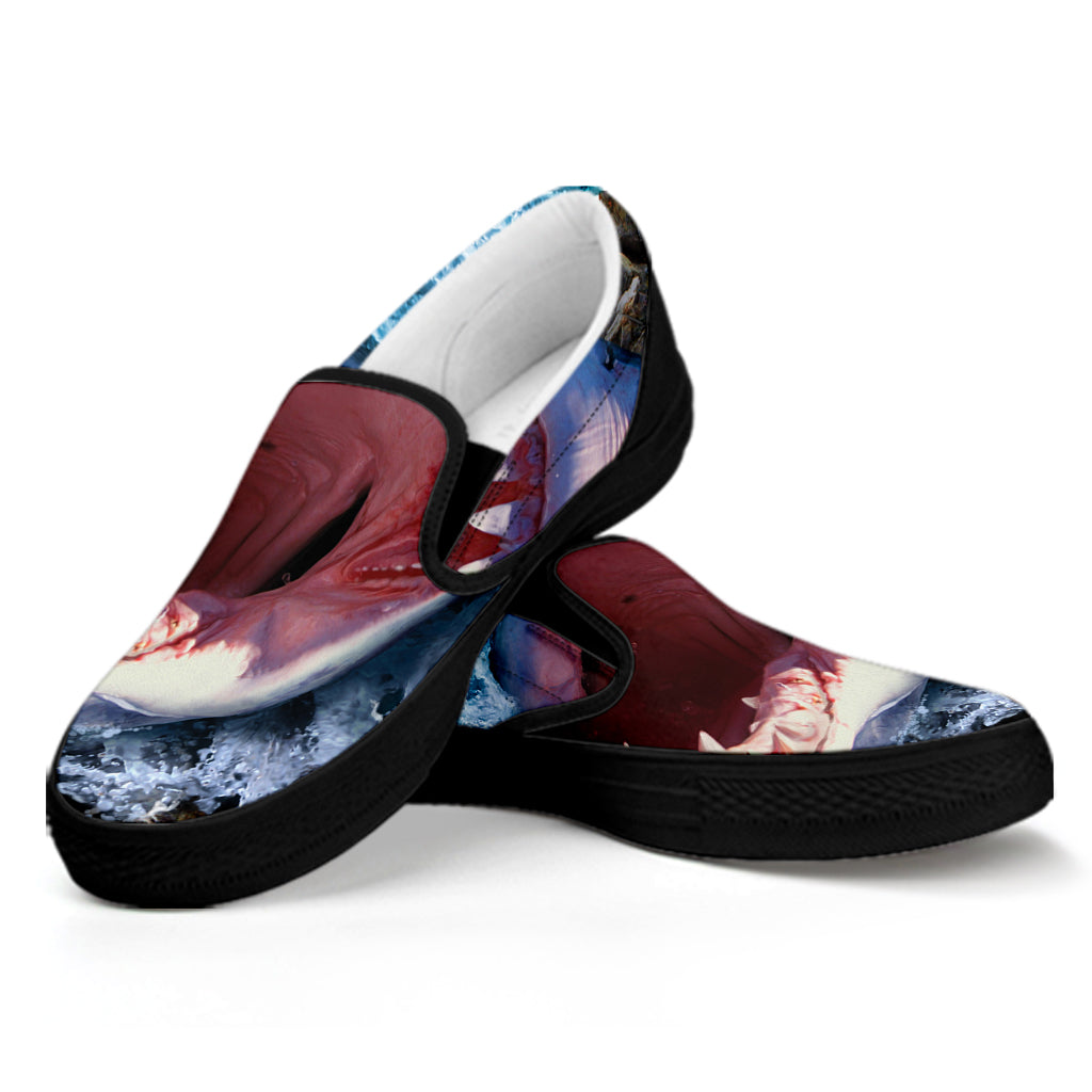 Angry Shark Print Black Slip On Shoes