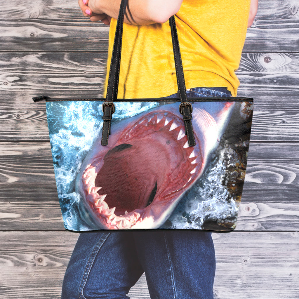 Angry Shark Print Leather Tote Bag