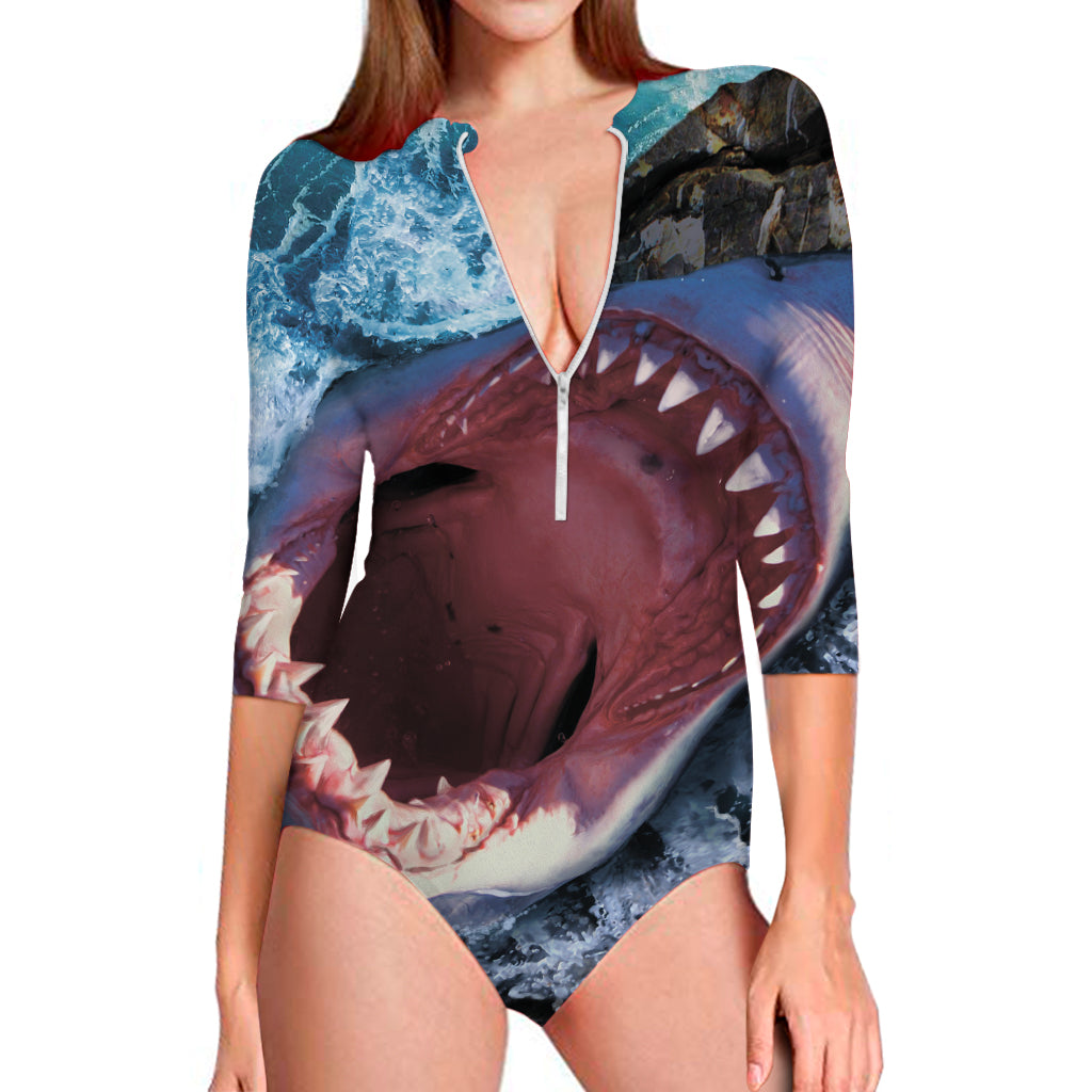 Angry Shark Print Long Sleeve One Piece Swimsuit