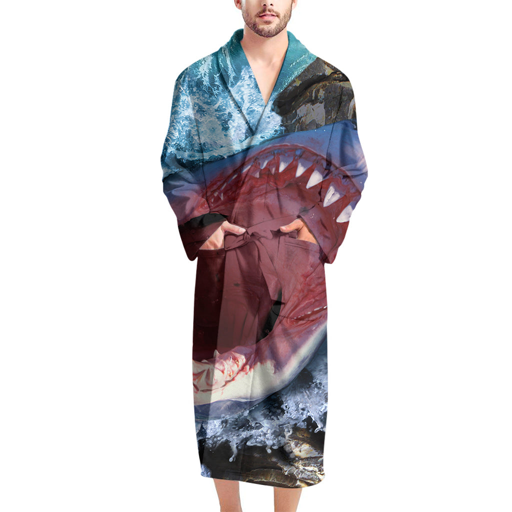 Angry Shark Print Men's Bathrobe