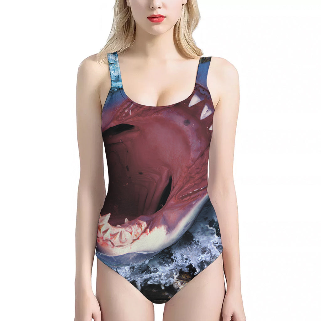 Angry Shark Print One Piece Halter Neck Swimsuit