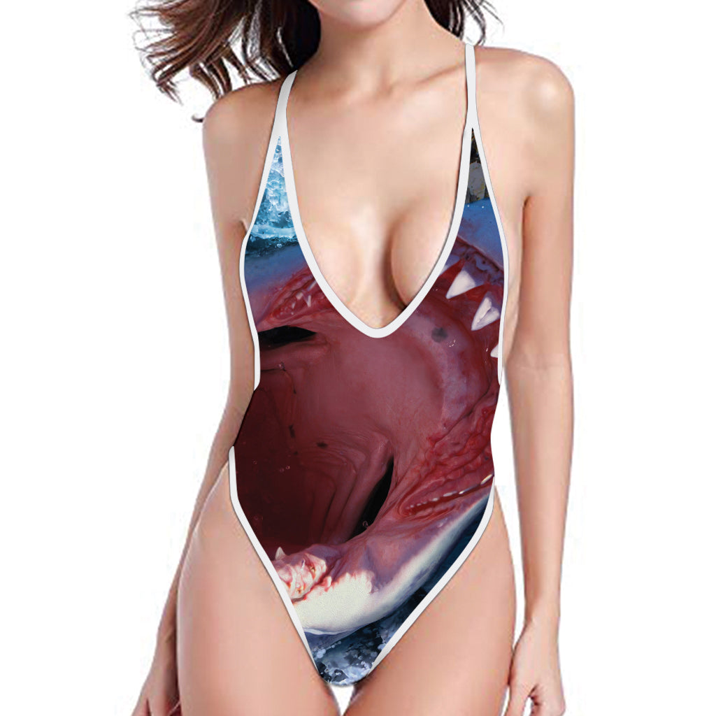 Angry Shark Print One Piece High Cut Swimsuit