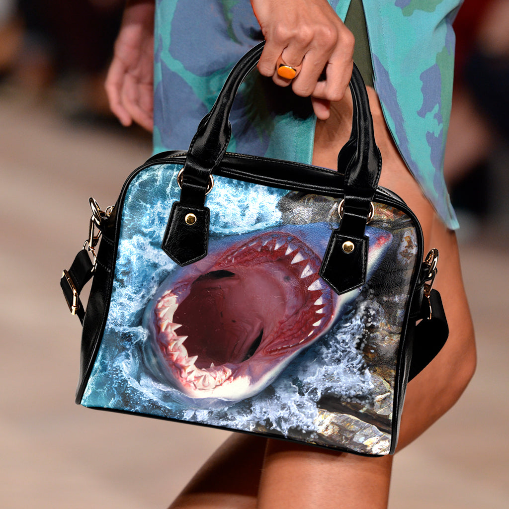 Angry Shark Print Shoulder Handbag