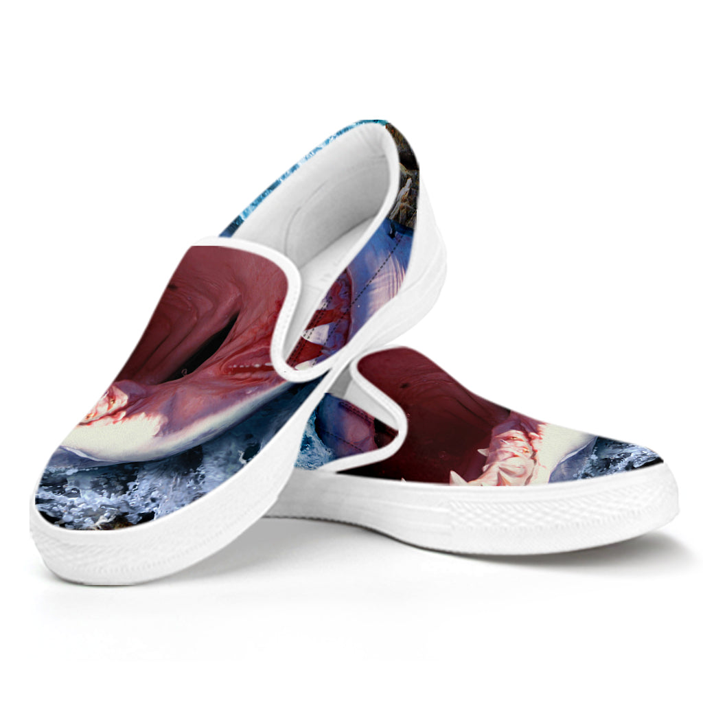 Angry Shark Print White Slip On Shoes