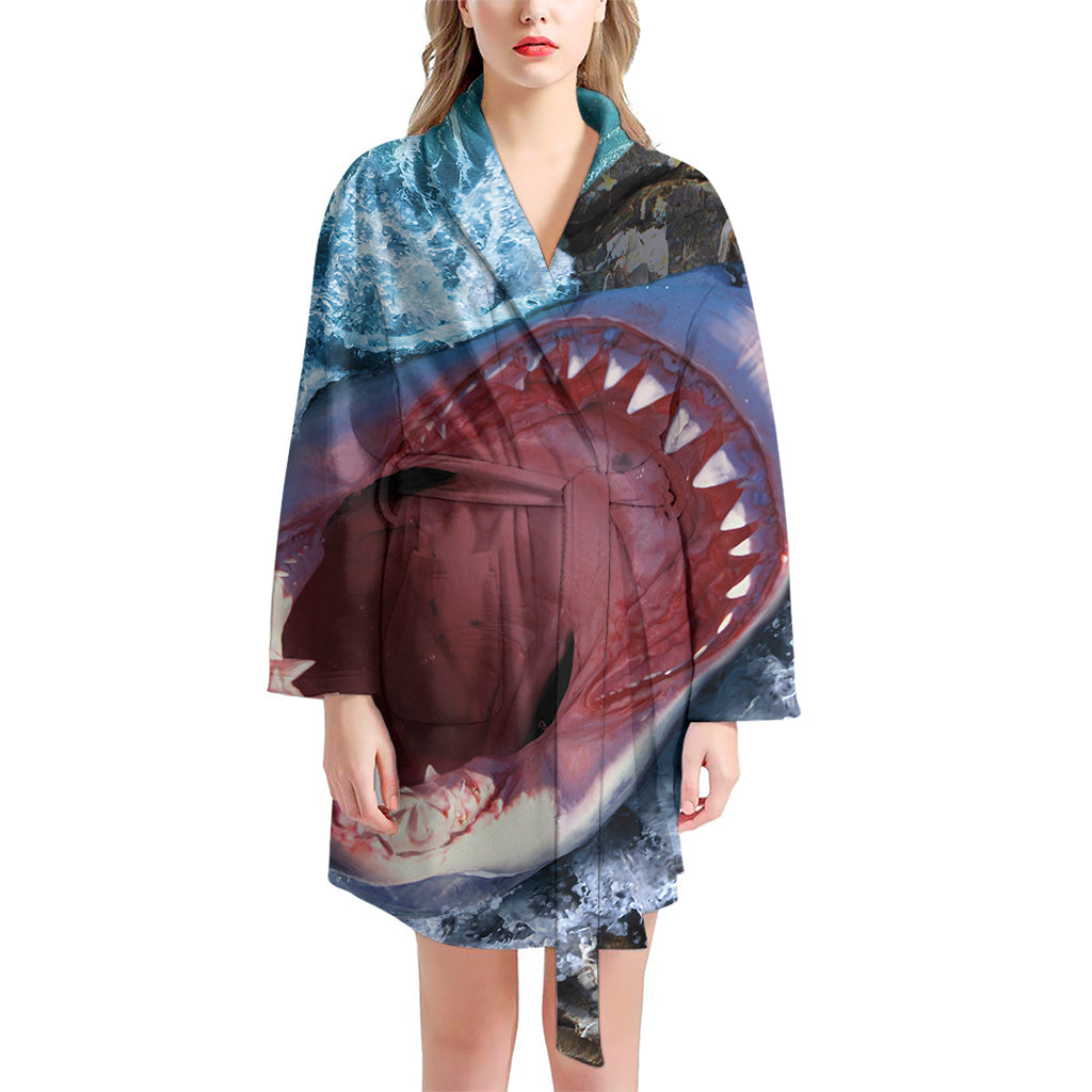 Angry Shark Print Women's Bathrobe