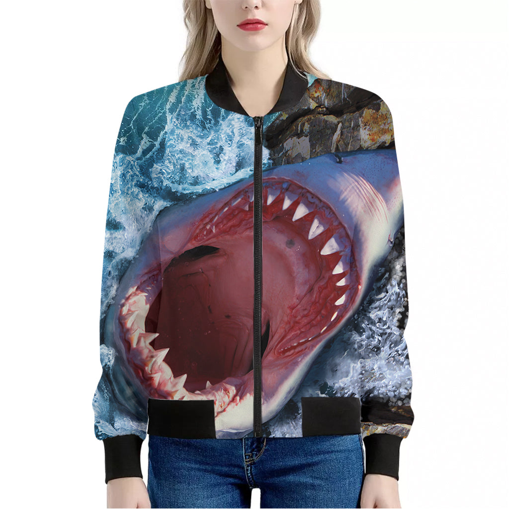 Angry Shark Print Women's Bomber Jacket