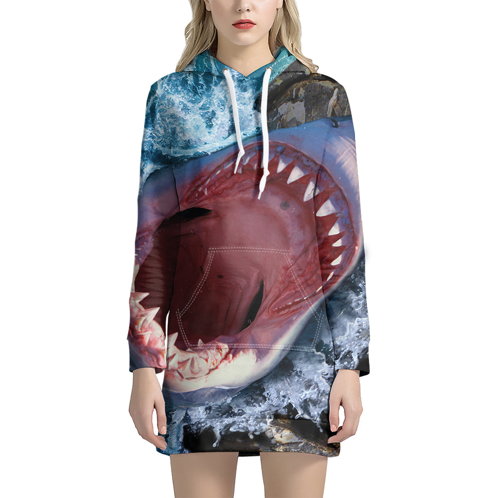 Angry Shark Print Women's Pullover Hoodie Dress