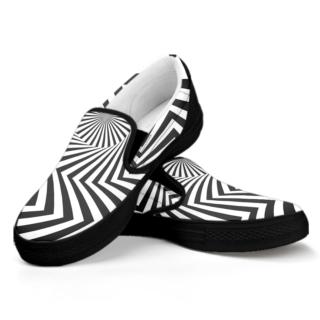 Angular Swirl Motion Illusion Print Black Slip On Shoes