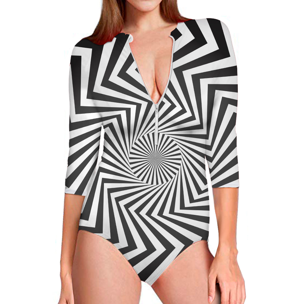 Angular Swirl Motion Illusion Print Long Sleeve One Piece Swimsuit