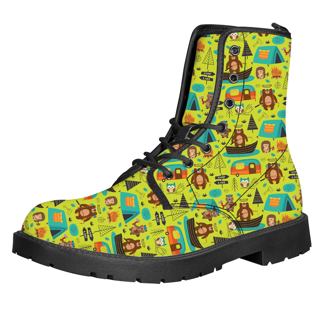 Animal Camping Pattern Print Leather Boots