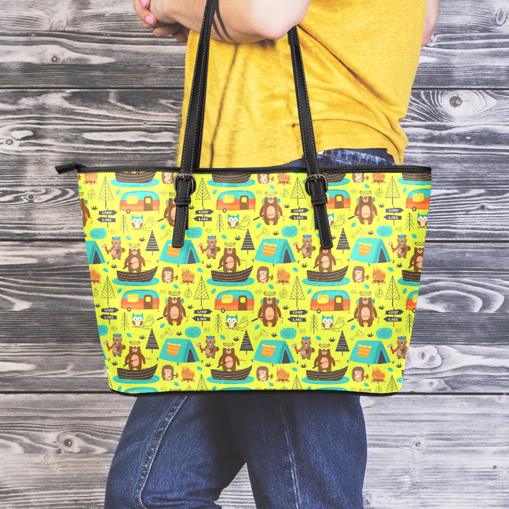 Animal Camping Pattern Print Leather Tote Bag