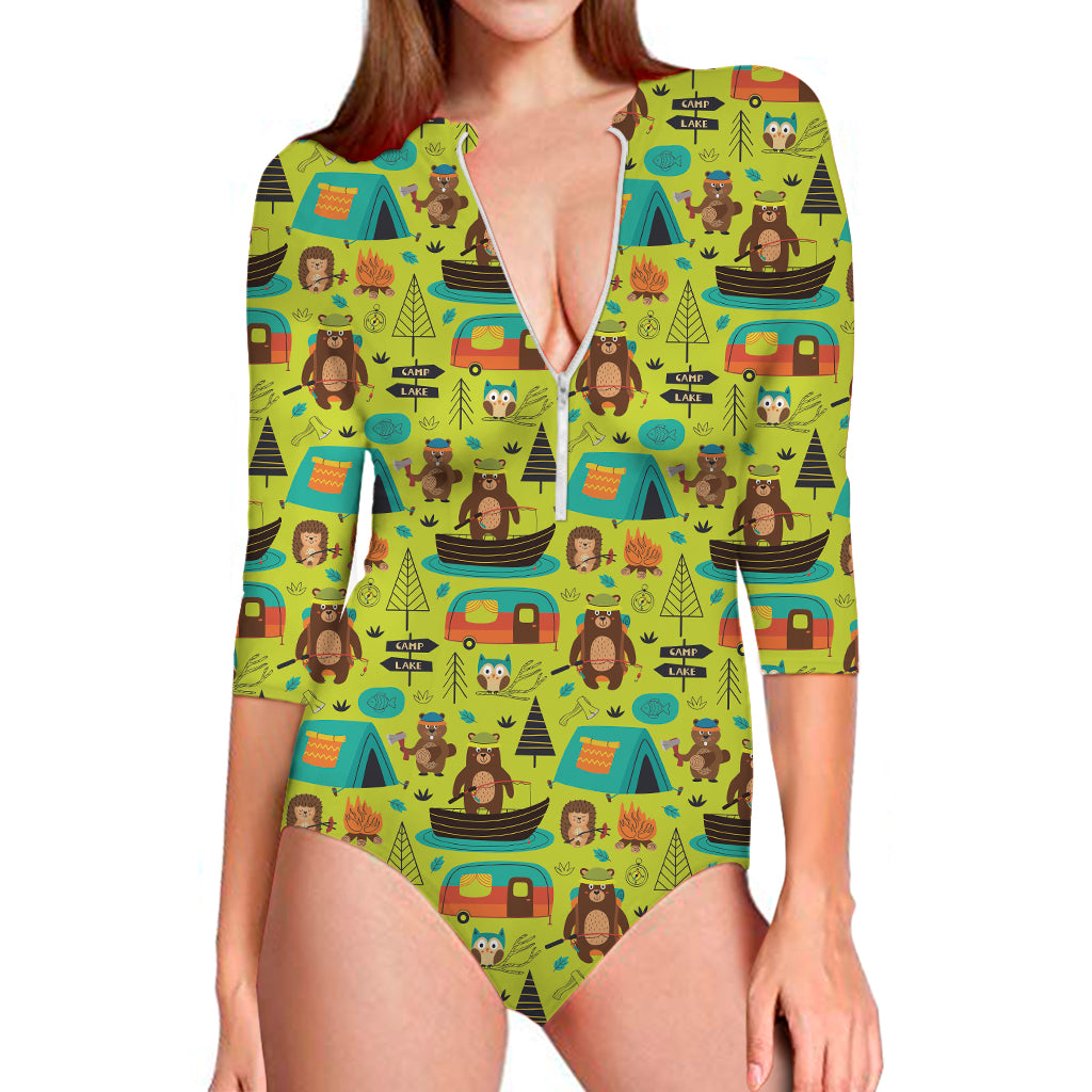 Animal Camping Pattern Print Long Sleeve One Piece Swimsuit