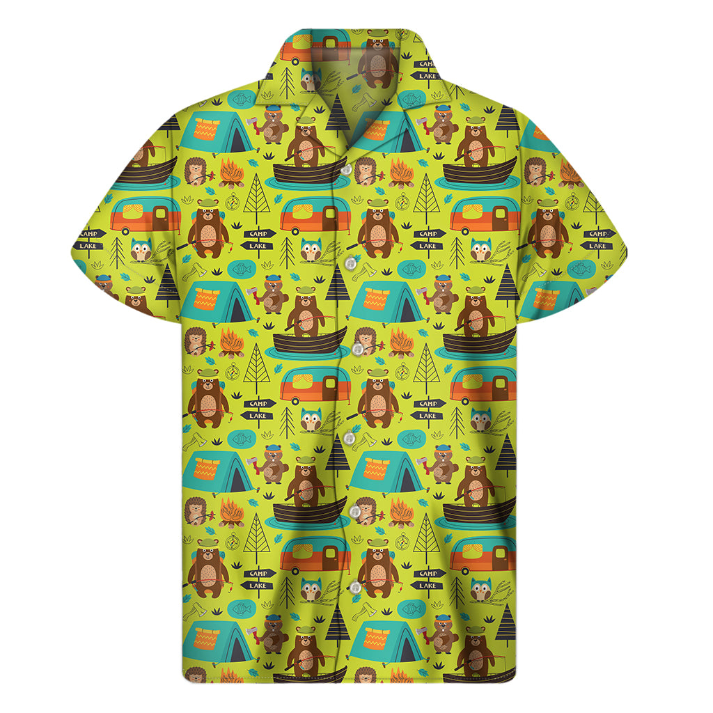 Animal Camping Pattern Print Men's Short Sleeve Shirt