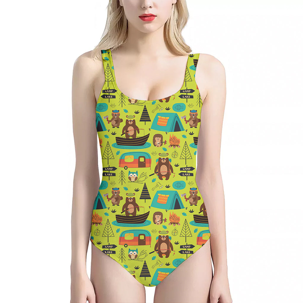 Animal Camping Pattern Print One Piece Halter Neck Swimsuit