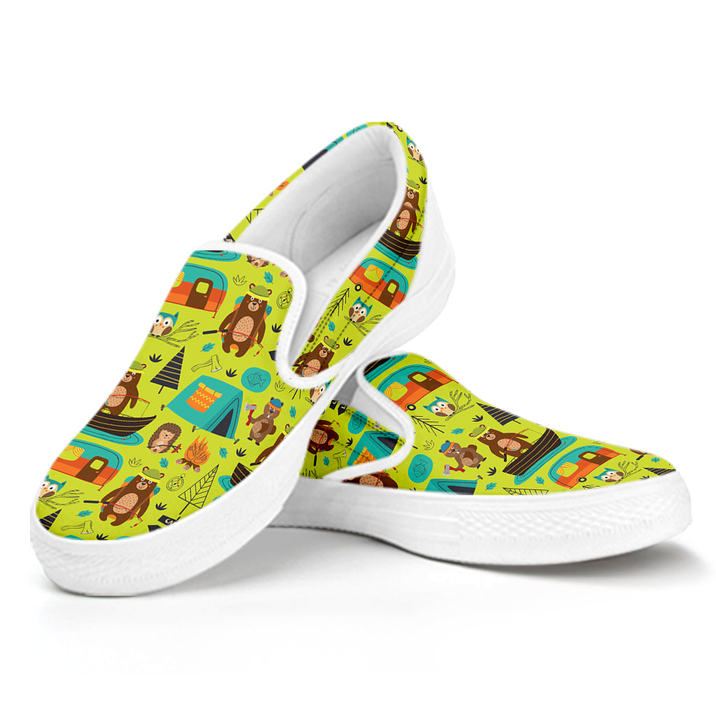 Animal Camping Pattern Print White Slip On Shoes