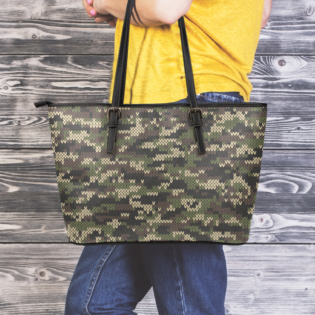 Army Camouflage Knitted Pattern Print Leather Tote Bag