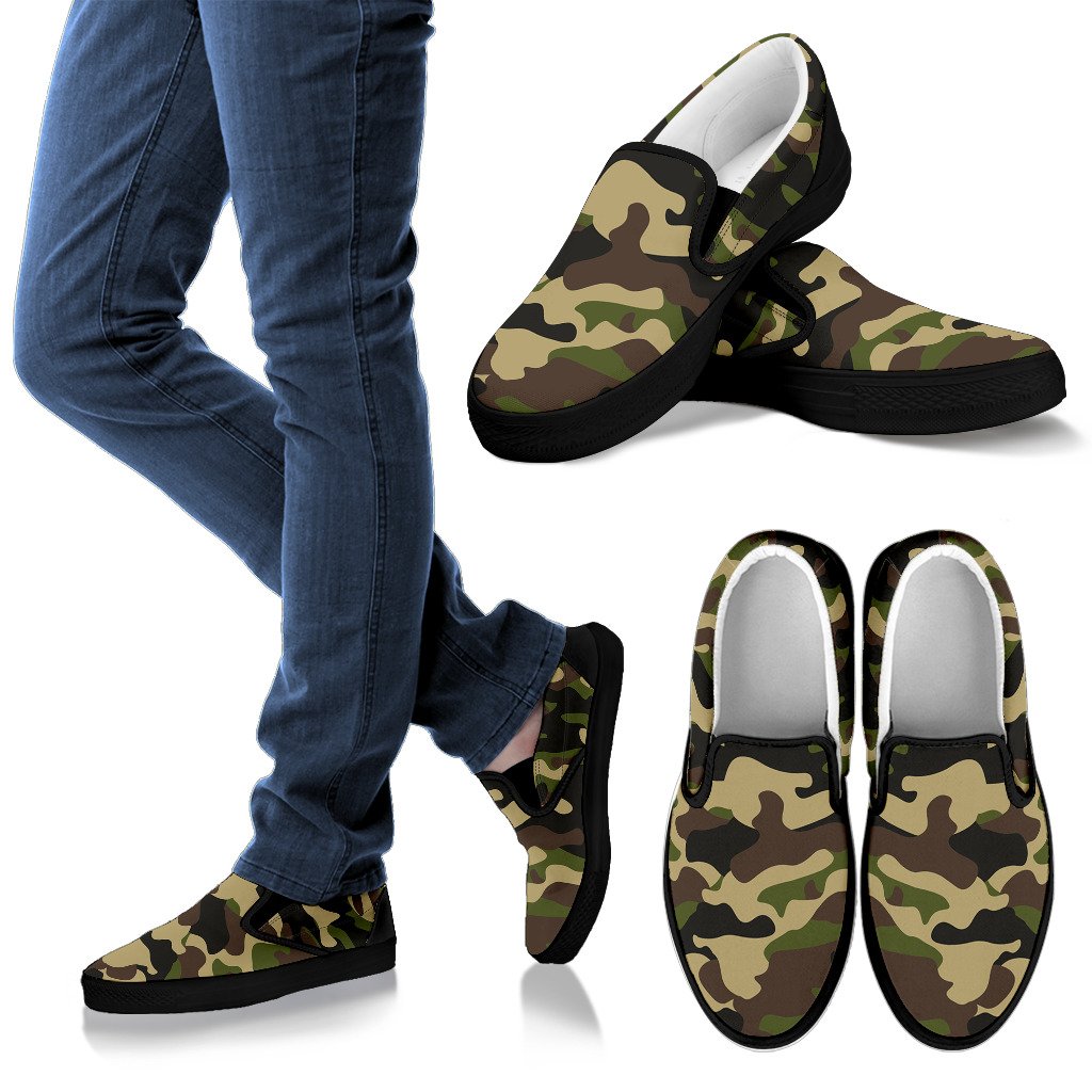 Army Green Camouflage Print Men's Slip On Shoes