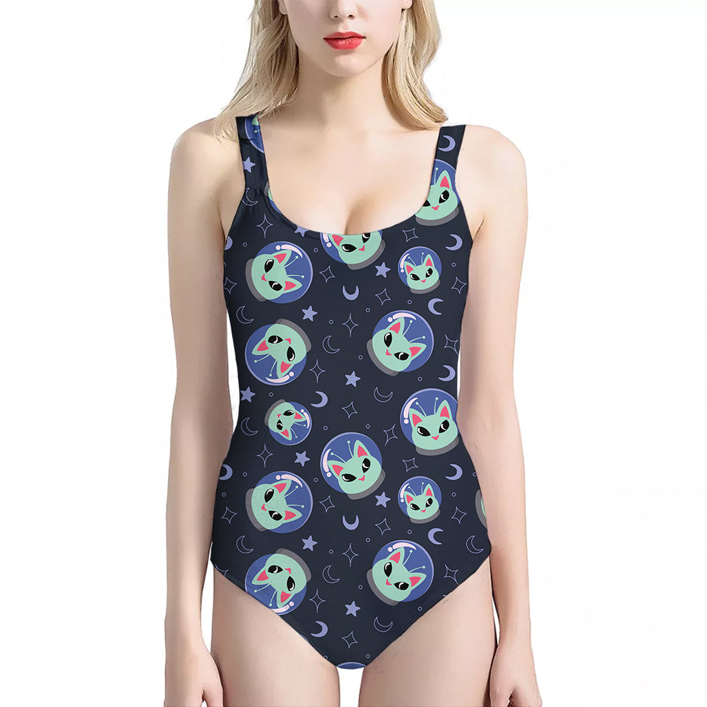 Astronaut Alien Cat Print One Piece Halter Neck Swimsuit