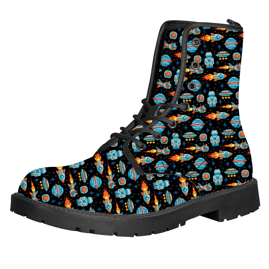 Astronaut And Space Pixel Pattern Print Leather Boots