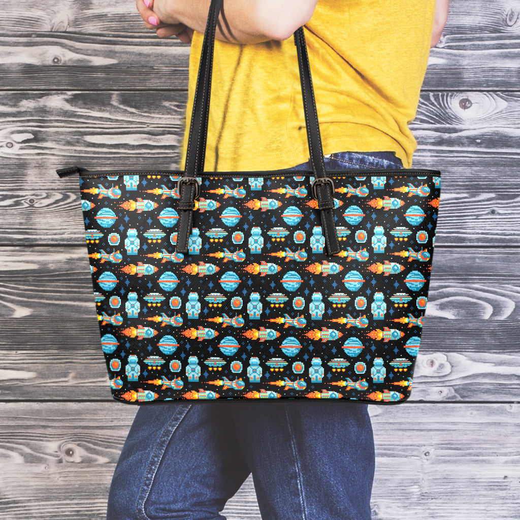 Astronaut And Space Pixel Pattern Print Leather Tote Bag