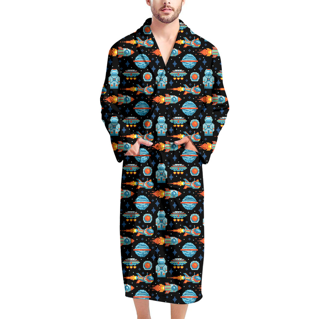 Astronaut And Space Pixel Pattern Print Men's Bathrobe