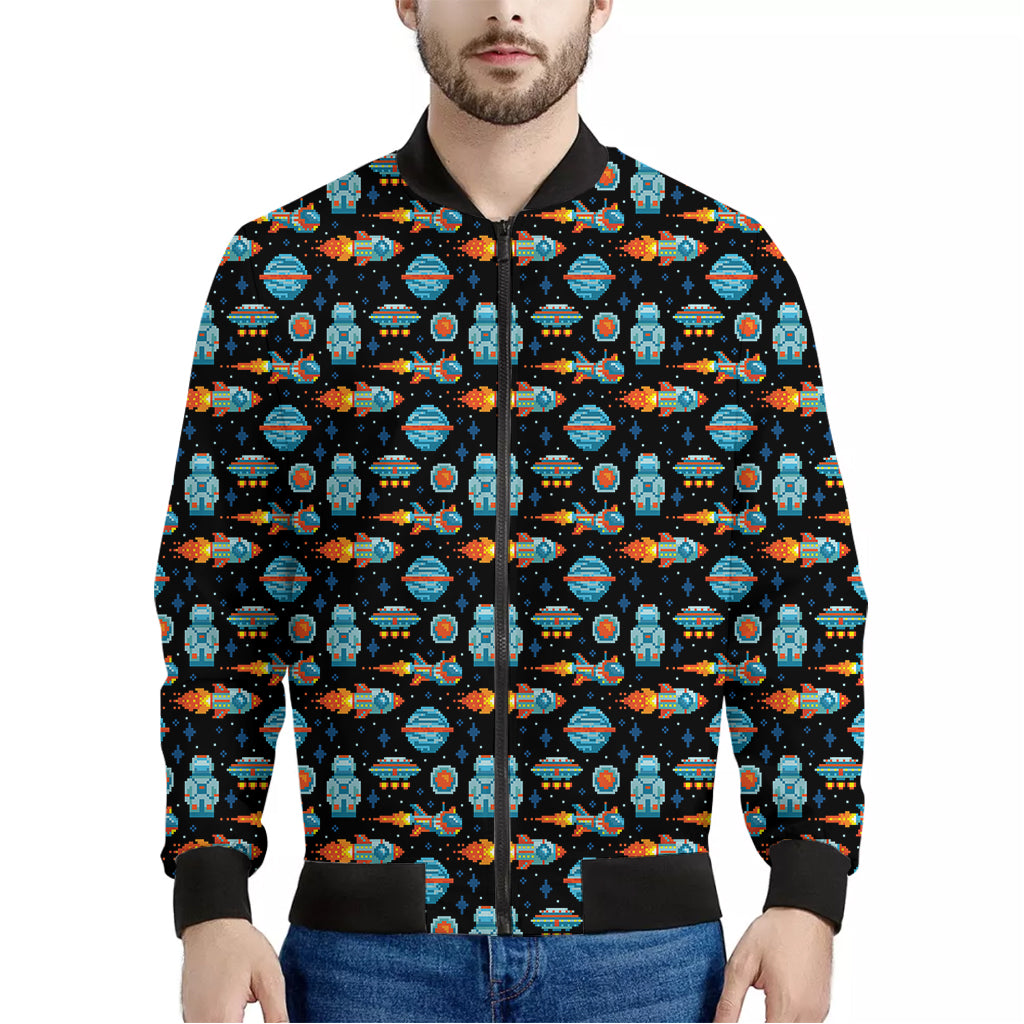 Astronaut And Space Pixel Pattern Print Men's Bomber Jacket