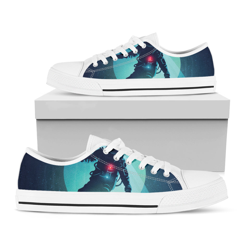 Astronaut Floating Through Space Print White Low Top Shoes
