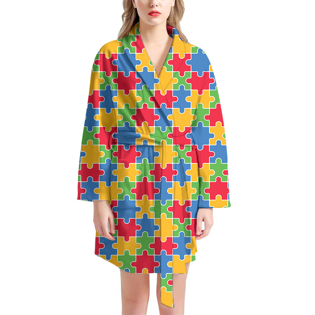 Autism Awareness Jigsaw Pattern Print Women's Bathrobe