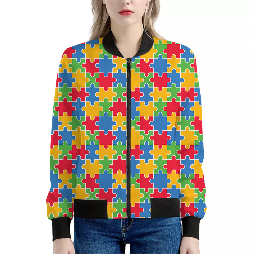 Autism Awareness Jigsaw Pattern Print Women's Bomber Jacket