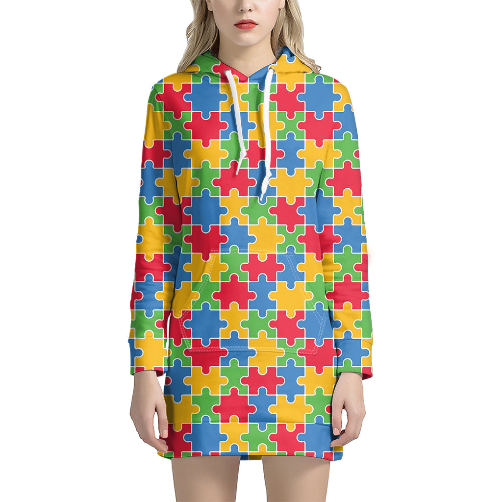 Autism Awareness Jigsaw Pattern Print Women's Pullover Hoodie Dress