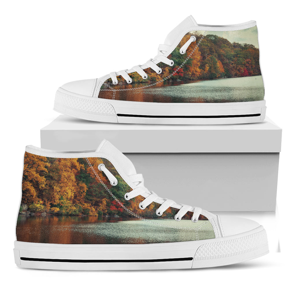 Autumn Lake Print White High Top Shoes