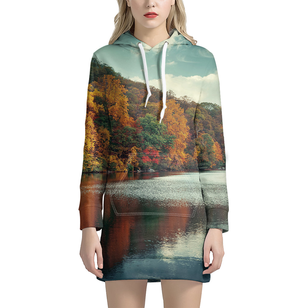 Autumn Lake Print Women's Pullover Hoodie Dress