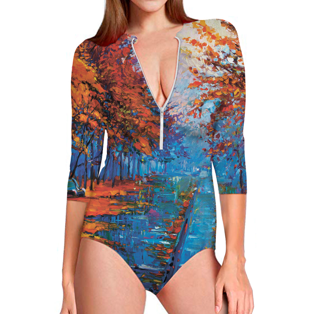 Autumn Painting Print Long Sleeve One Piece Swimsuit