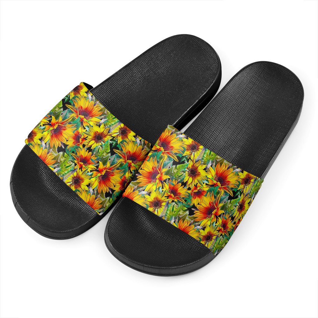 Autumn Sunflower Pattern Print Black Slide Sandals