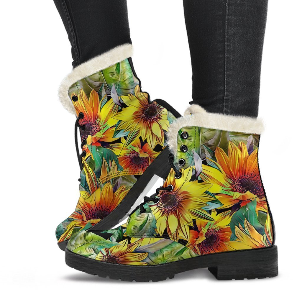 Autumn Sunflower Pattern Print Faux Fur Leather Boots