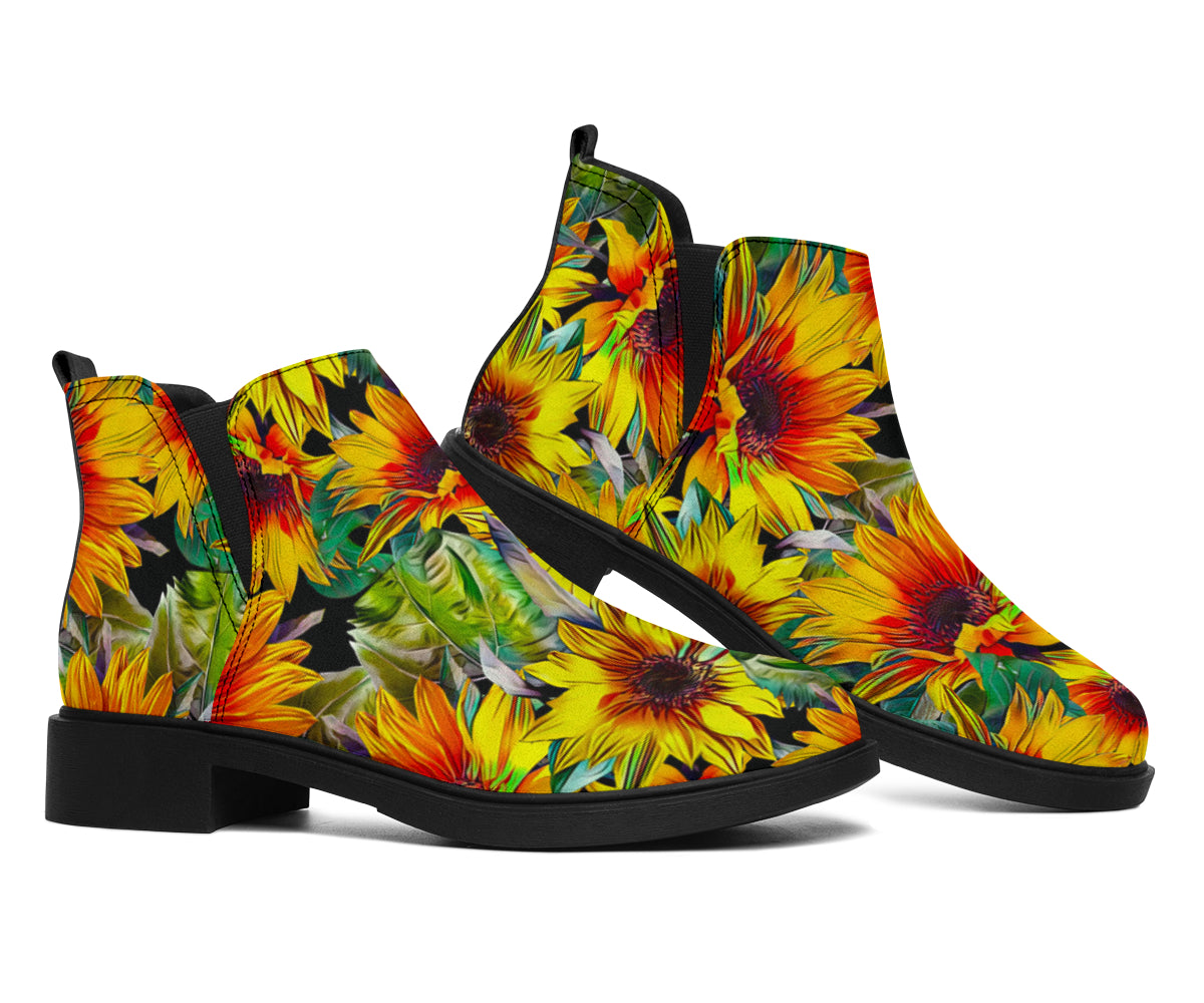 Autumn Sunflower Pattern Print Flat Ankle Boots