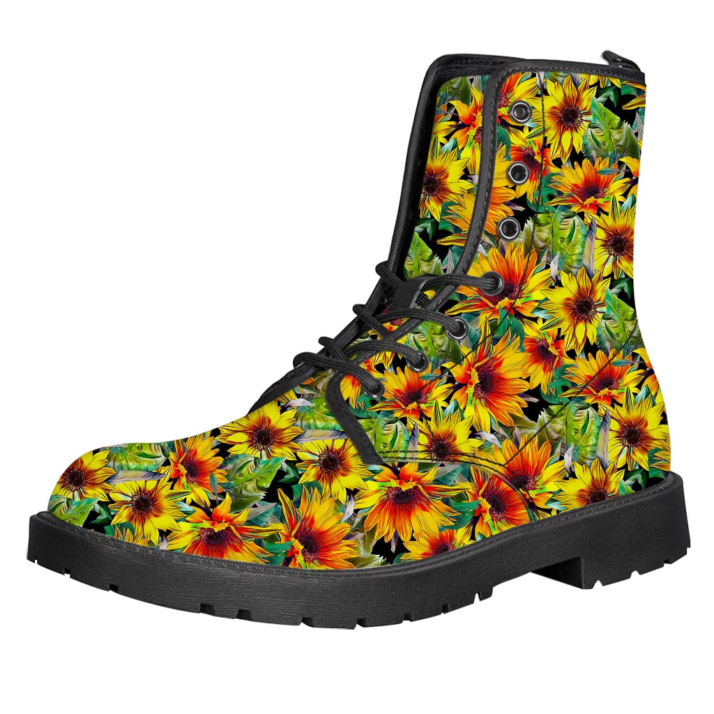 Autumn Sunflower Pattern Print Leather Boots