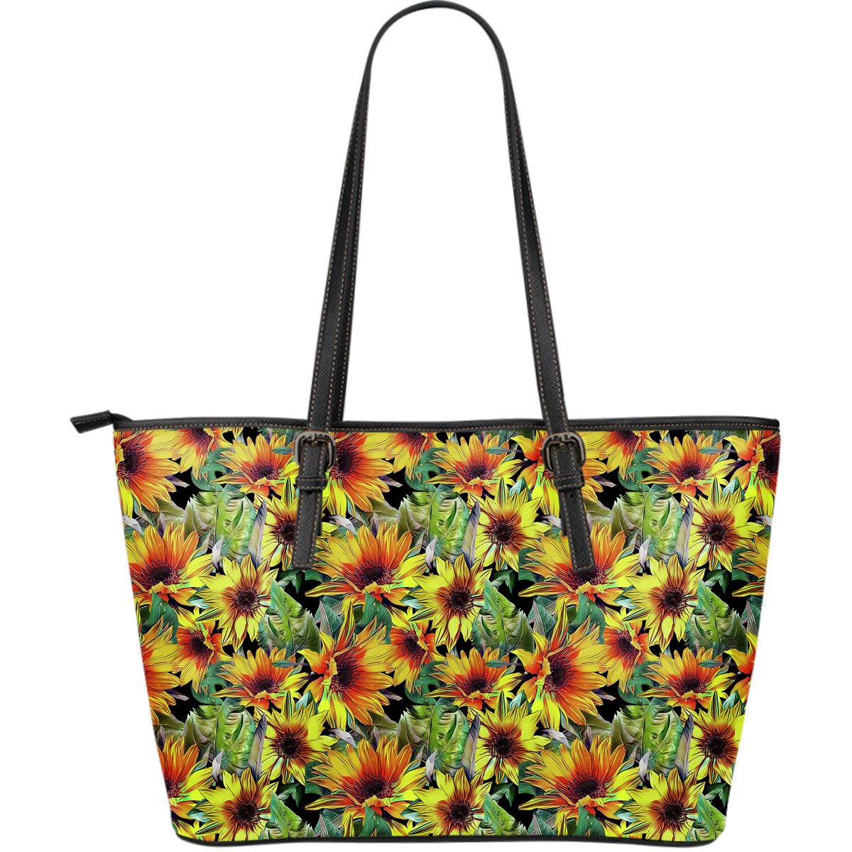 Autumn Sunflower Pattern Print Leather Tote Bag