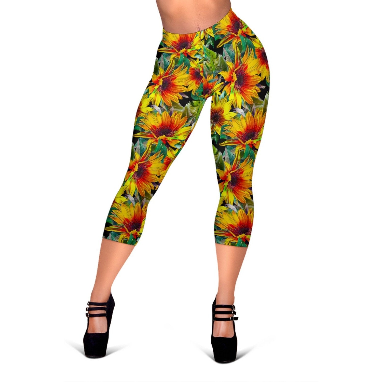 Autumn Sunflower Pattern Print Women's Capri Leggings